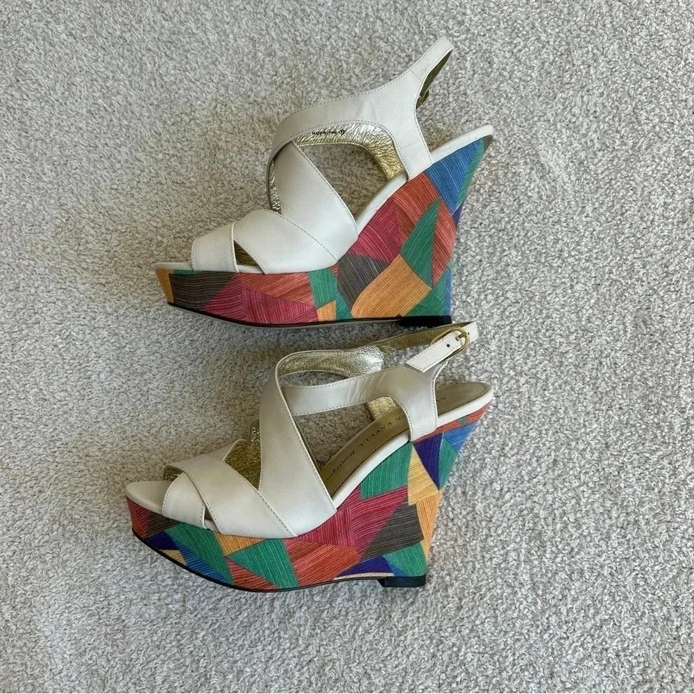 Adrianna Papell‎ Boho Chic Colorful Geometric Print Cork Wedge Platform Sandals